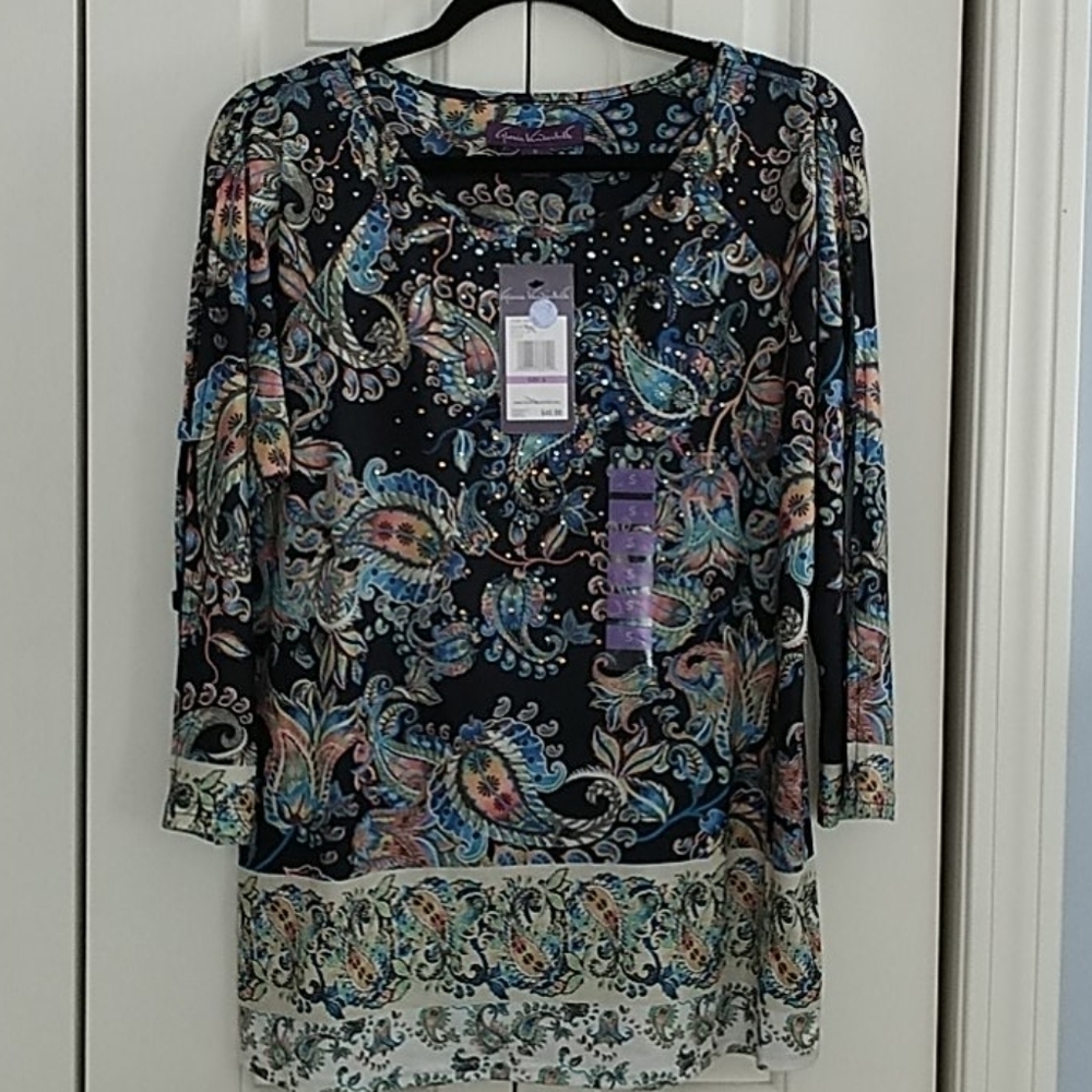 Gloria Vanderbilt, Black Paisley Top, Sz S - Picture 2 of 11